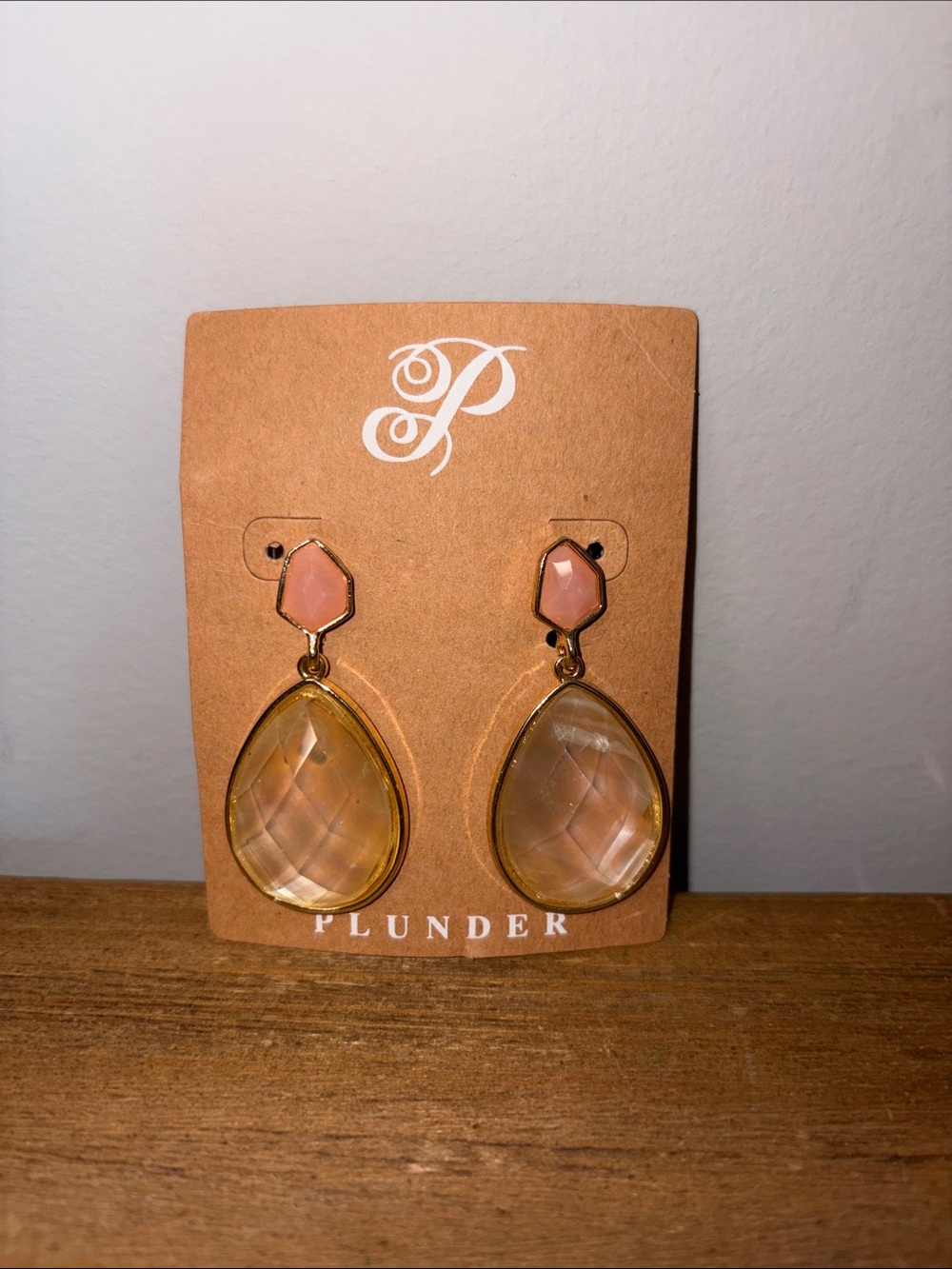 Plunder Gold-Tone Clear Teardrop Earrings with Pink Accents